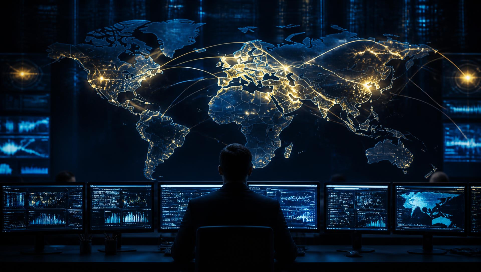 Global security operations centre monitoring a worldwide digital intelligence network